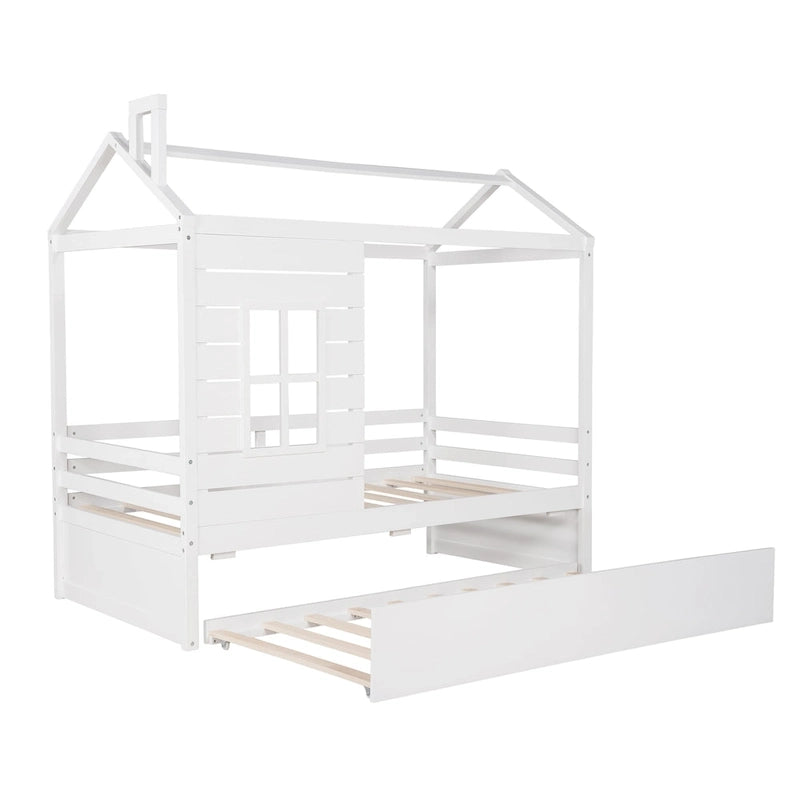 Twin Size House Bed Wood Bed with Twin Size Trundle ( Natural )