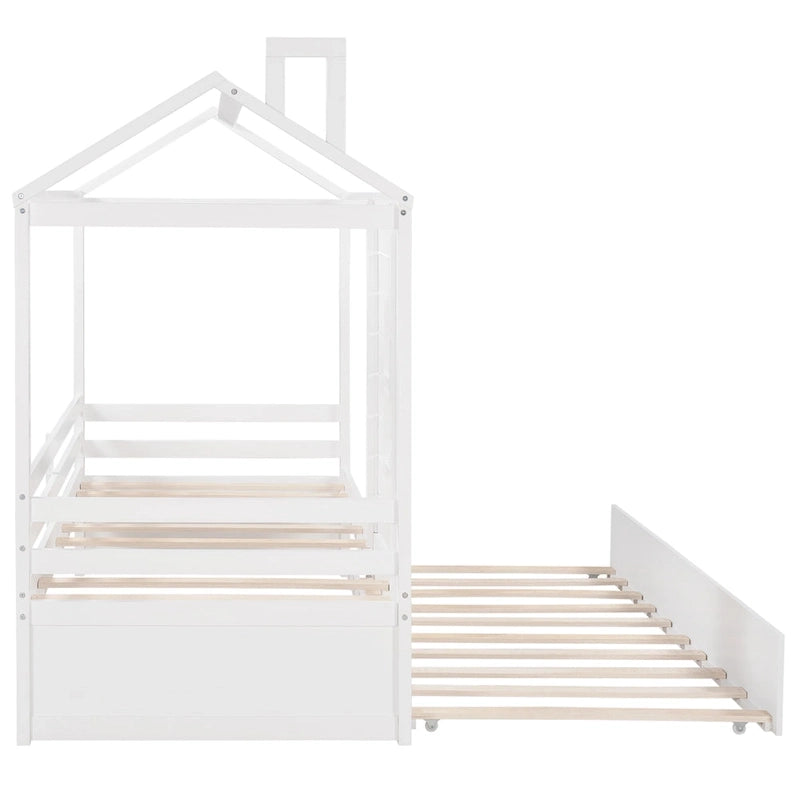 Twin Size House Bed Wood Bed with Twin Size Trundle ( Natural )
