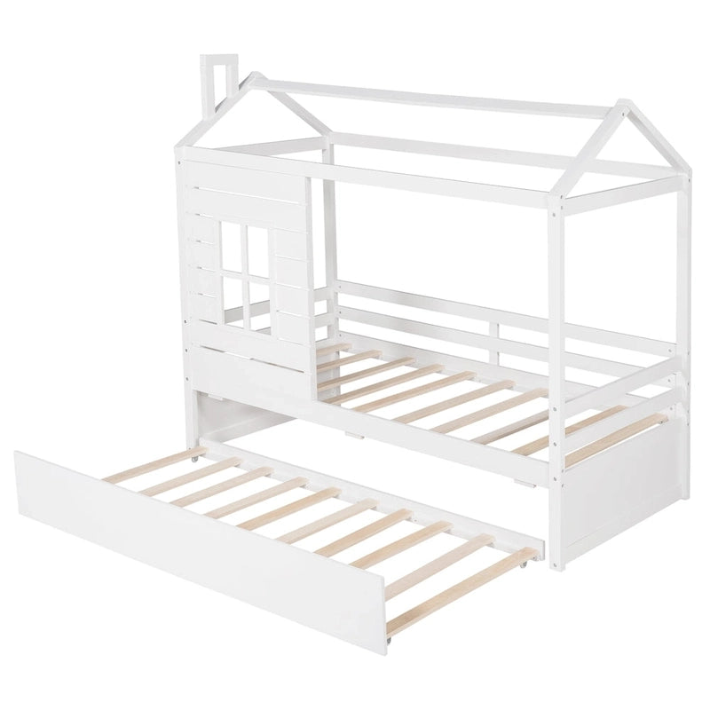 Twin Size House Bed Wood Bed with Twin Size Trundle ( Natural )