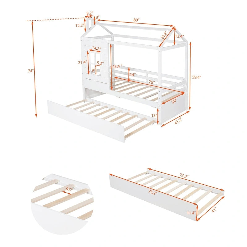Twin Size House Bed Wood Bed with Twin Size Trundle ( Natural )
