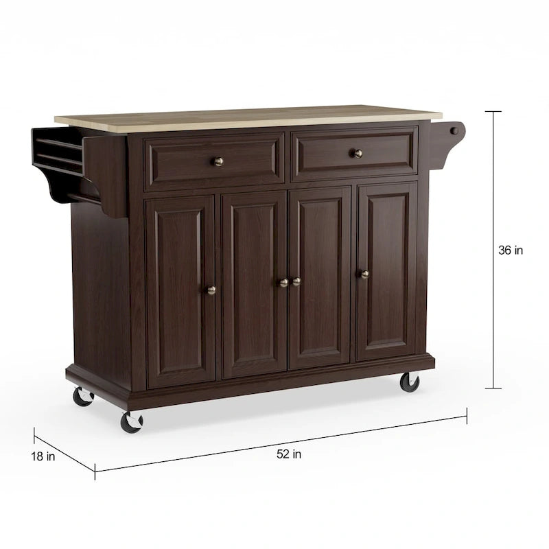 Full Size Mahogany Wood Kitchen Cart/ Island - 18d x 51.5w x 36h