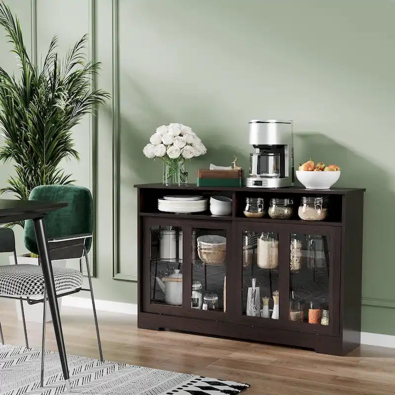 Modern Kitchen Storage Sideboard, Buffet Cabinet, Sliding Glass Doors Cupboard with Adjustable Shelf, Dark Brown