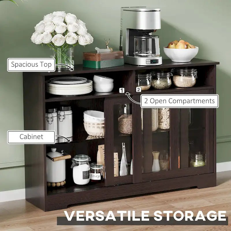 Modern Kitchen Storage Sideboard, Buffet Cabinet, Sliding Glass Doors Cupboard with Adjustable Shelf, Dark Brown