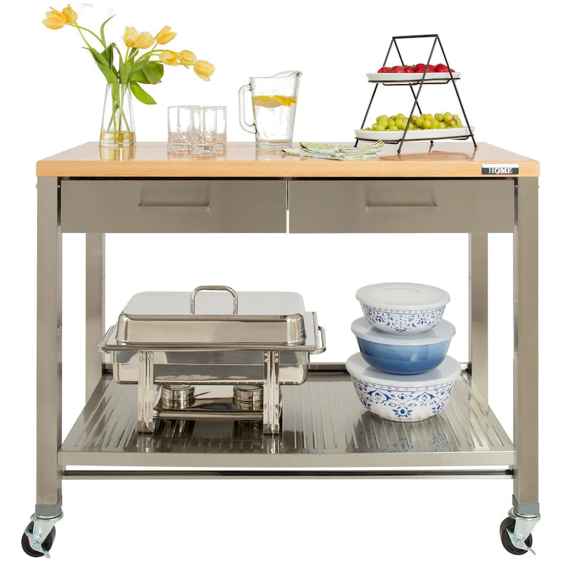 Seville Classics Home Stainless Steel 2-Drawer Mobile Workcenter Kitchen Cart Island with Solid Wood Top - 48 W x 24 D