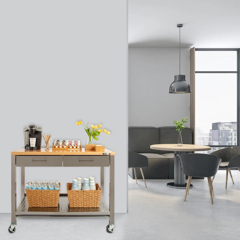 Stainless Steel 2-Drawer Mobile Workcenter Kitchen Cart Island with Solid Wood Top - 48 W x 24 D
