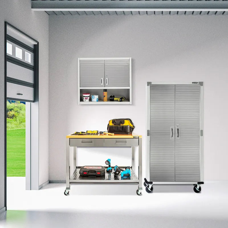 Stainless Steel 2-Drawer Mobile Workcenter Kitchen Cart Island with Solid Wood Top - 48 W x 24 D