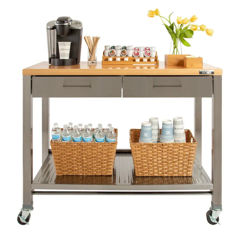 Stainless Steel 2-Drawer Mobile Workcenter Kitchen Cart Island with Solid Wood Top - 48 W x 24 D