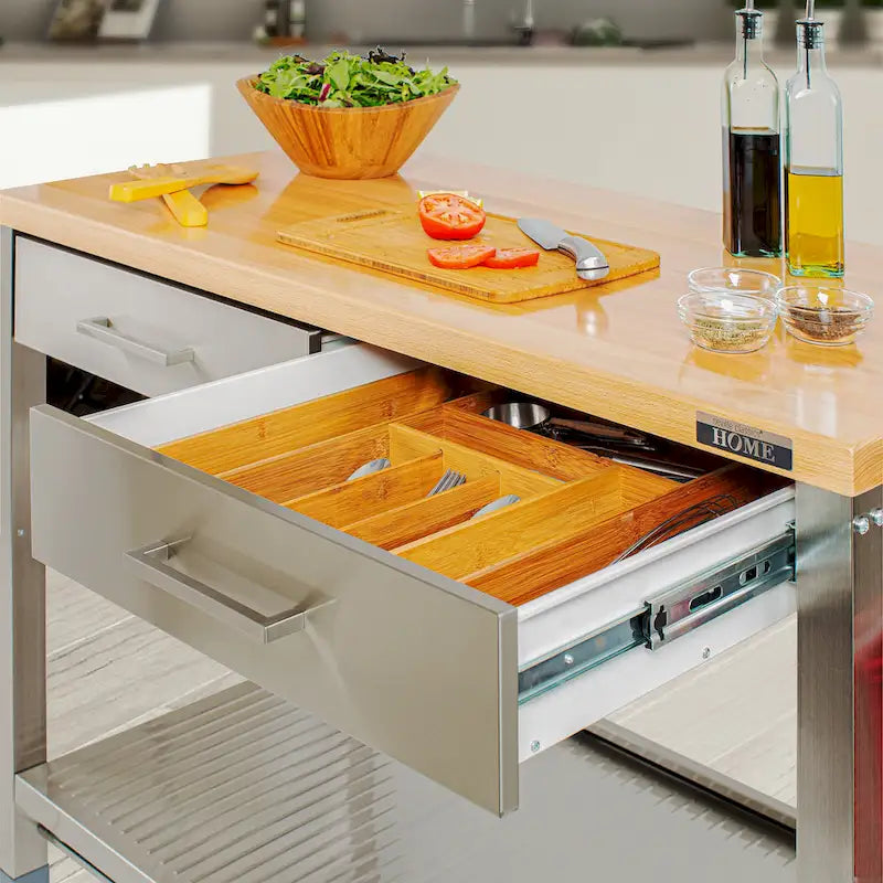 Stainless Steel 2-Drawer Mobile Workcenter Kitchen Cart Island with Solid Wood Top - 48 W x 24 D