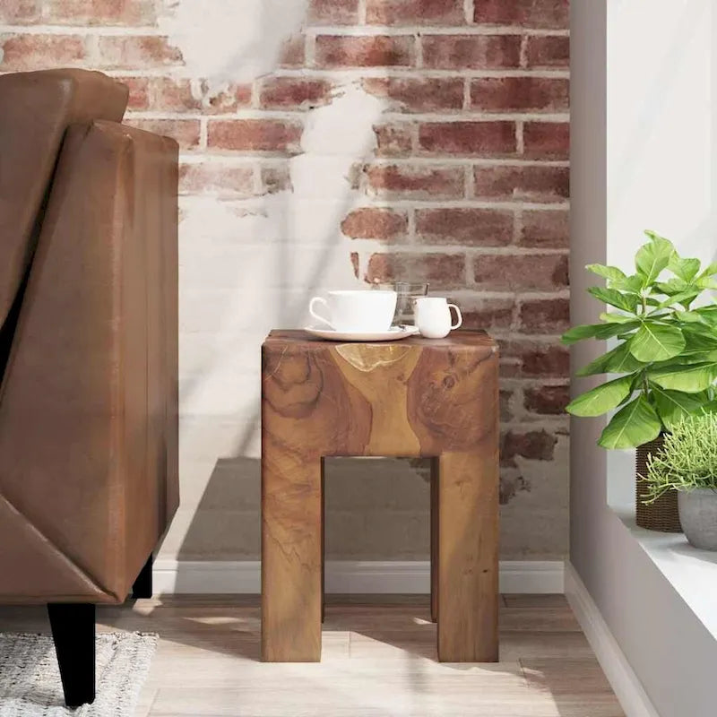 Solid Teak Wood Stool, Small Side Table, Brown - 11.8 x 11.8 x 15.7