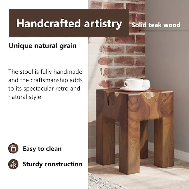 Solid Teak Wood Stool, Small Side Table, Brown - 11.8 x 11.8 x 15.7