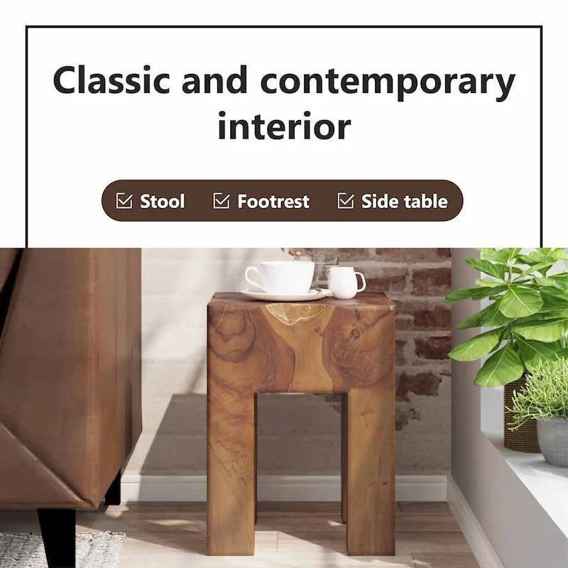 Solid Teak Wood Stool, Small Side Table, Brown - 11.8 x 11.8 x 15.7