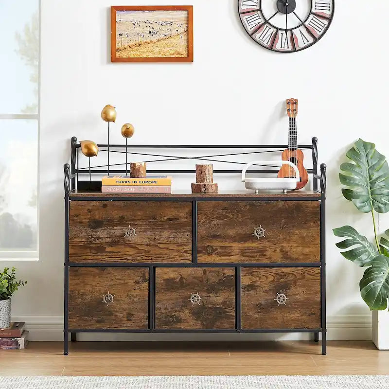 Wooden Dresser w/ 5 Drawers Furniture Storage Chest for Bedroom, Living Room