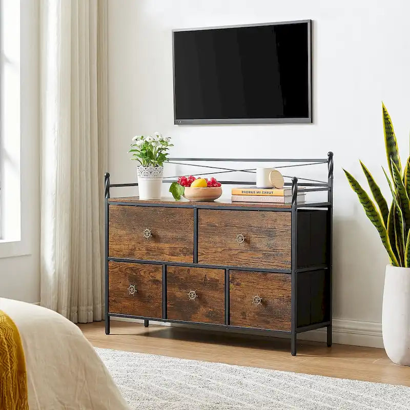 Wooden Dresser w/ 5 Drawers Furniture Storage Chest for Bedroom, Living Room