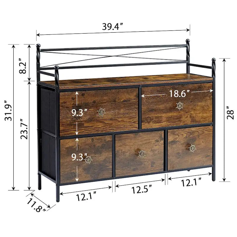 Wooden Dresser w/ 5 Drawers Furniture Storage Chest for Bedroom, Living Room