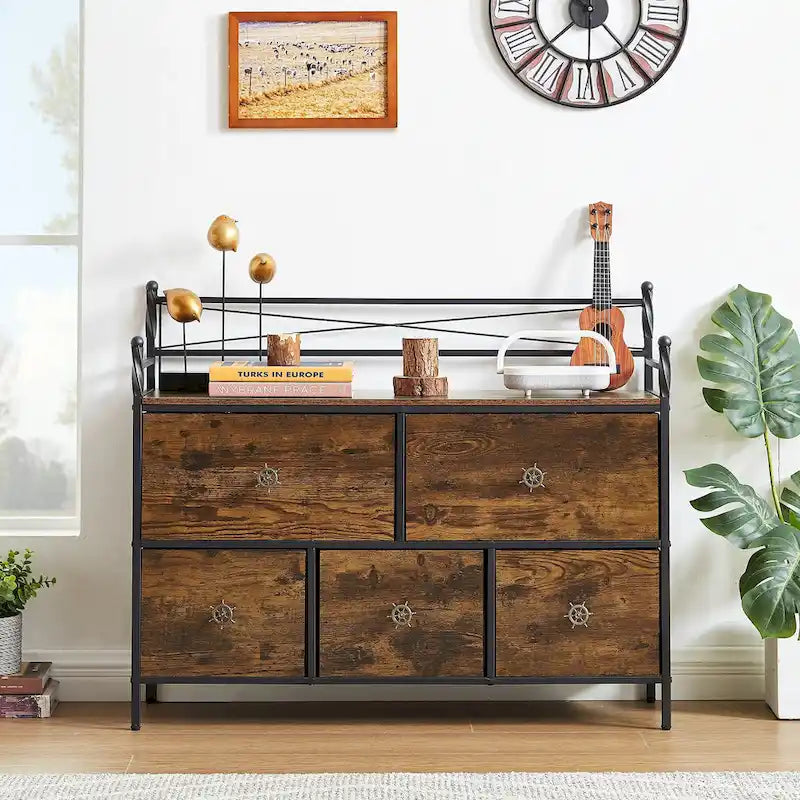 Wooden Dresser w/ 5 Drawers Furniture Storage Chest for Bedroom, Living Room