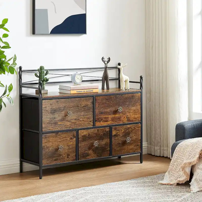 Wooden Dresser w/ 5 Drawers Furniture Storage Chest for Bedroom, Living Room