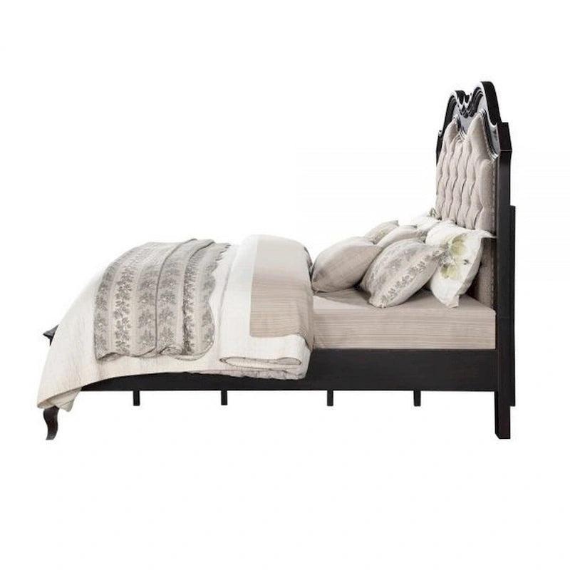 King Size Bed with Button Tufted Headboard, Beige Upholstery, Black