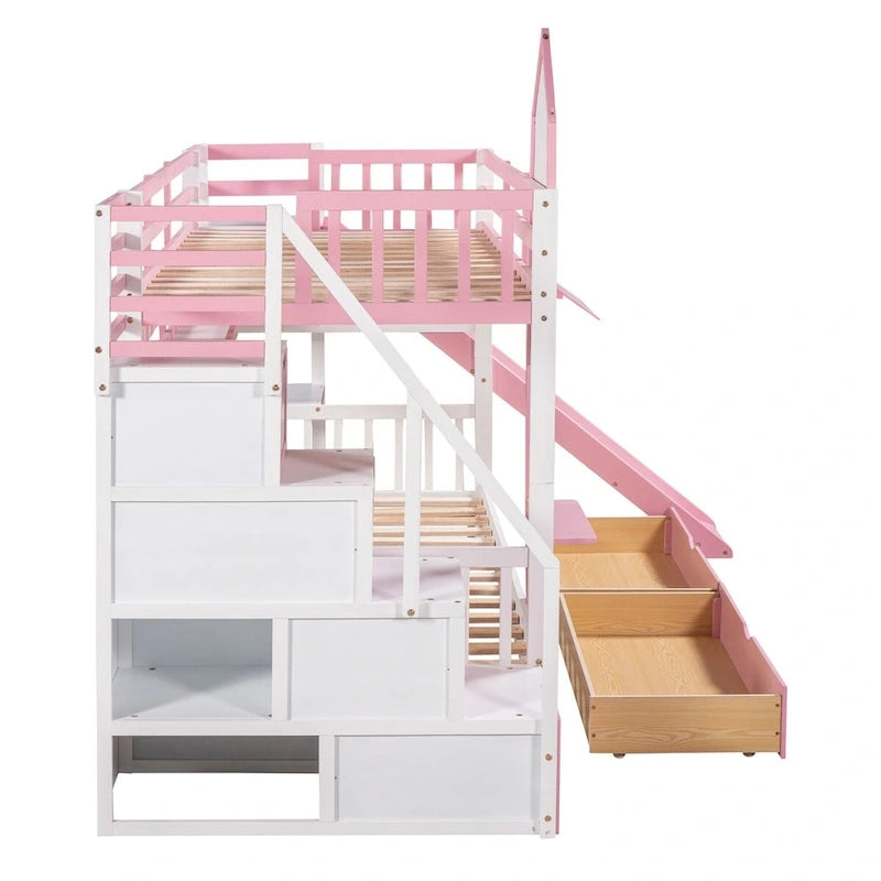 Twin-Over-Twin Castle Style Bunk Bed with Drawers,Shelves,Slide