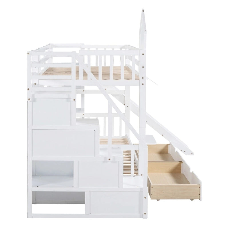 Twin-Over-Twin Castle Style Bunk Bed with Drawers,Shelves,Slide