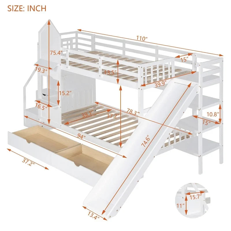 Twin-Over-Twin Castle Style Bunk Bed with Drawers,Shelves,Slide