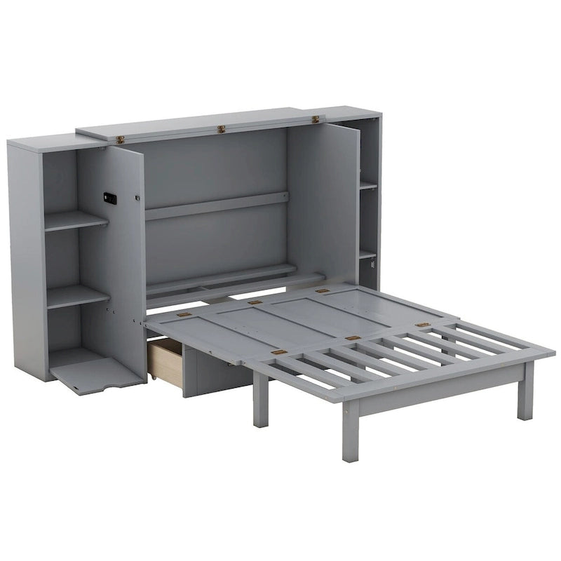 Queen Size Murphy Bed with Shelves, Drawers and USB Ports
