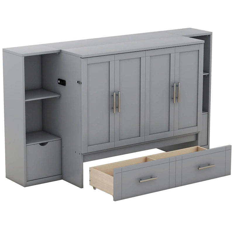 Queen Size Murphy Bed with Shelves, Drawers and USB Ports