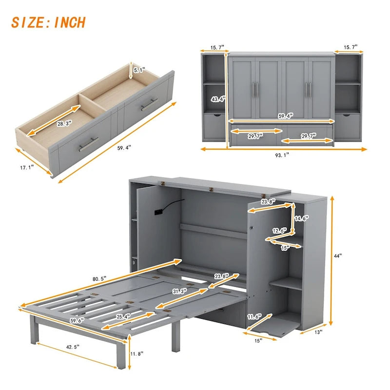 Queen Size Murphy Bed with Shelves, Drawers and USB Ports