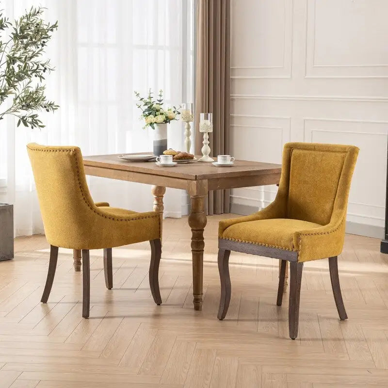 Thickened Fabric Dining Chairs w/Solid Wood Legs,Bronze nail head,Set of 2