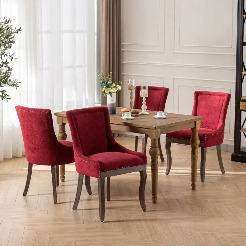 Thickened Fabric Dining Chairs w/Solid Wood Legs,Bronze nail head,Set of 2