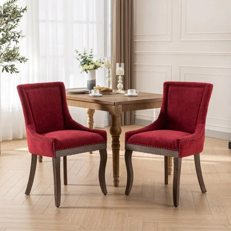 Thickened Fabric Dining Chairs w/Solid Wood Legs,Bronze nail head,Set of 2