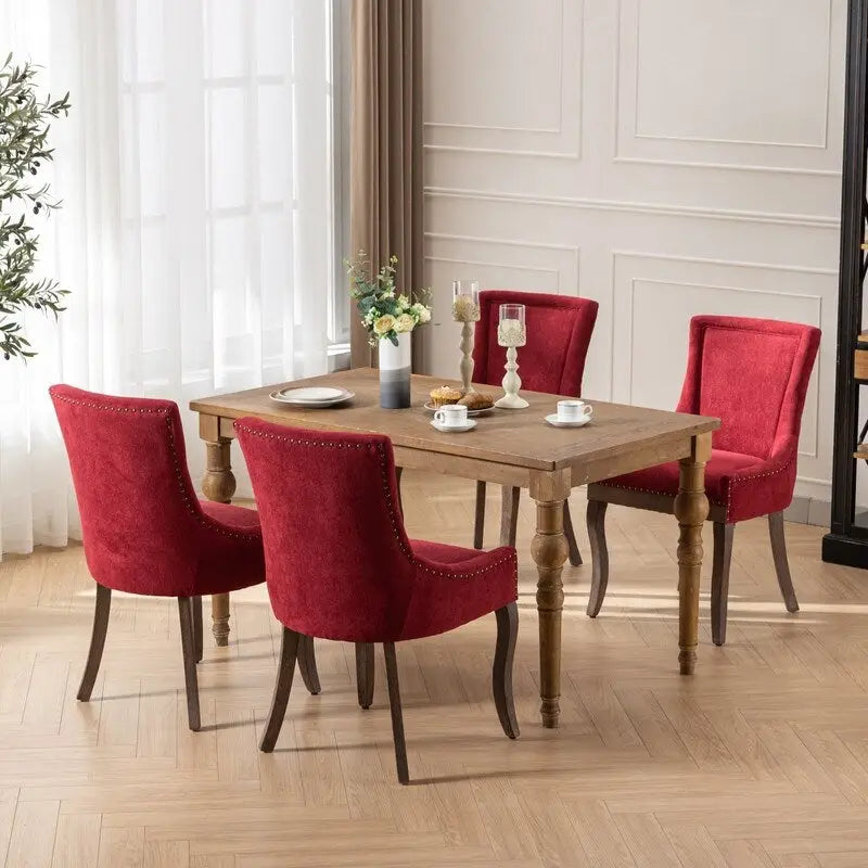 Thickened Fabric Dining Chairs w/Solid Wood Legs,Bronze nail head,Set of 2