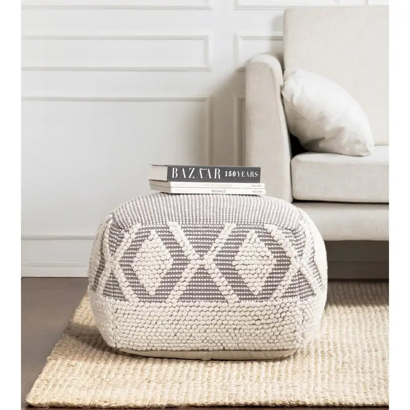 22 x 22 x 16 Gray & Ivory Square Pouf Ottoman - Handmade Footrest for Living Room, Bedroom, Nursery, Kidsroom