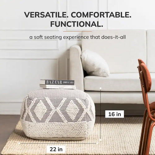 22 x 22 x 16 Gray & Ivory Square Pouf Ottoman - Handmade Footrest for Living Room, Bedroom, Nursery, Kidsroom
