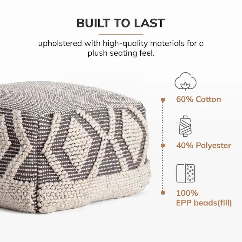 22 x 22 x 16 Gray & Ivory Square Pouf Ottoman - Handmade Footrest for Living Room, Bedroom, Nursery, Kidsroom