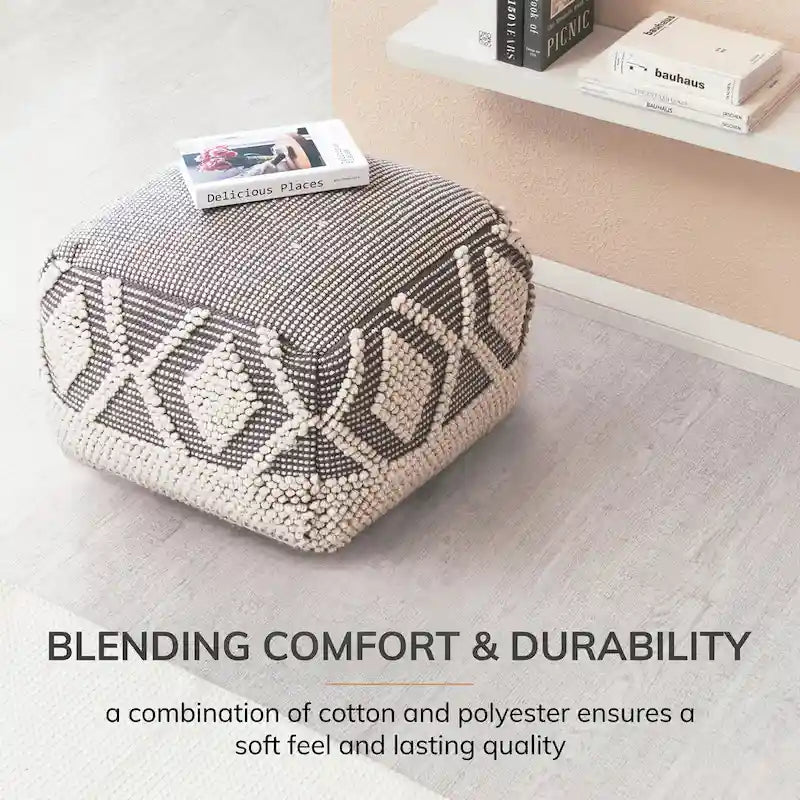 22 x 22 x 16 Gray & Ivory Square Pouf Ottoman - Handmade Footrest for Living Room, Bedroom, Nursery, Kidsroom
