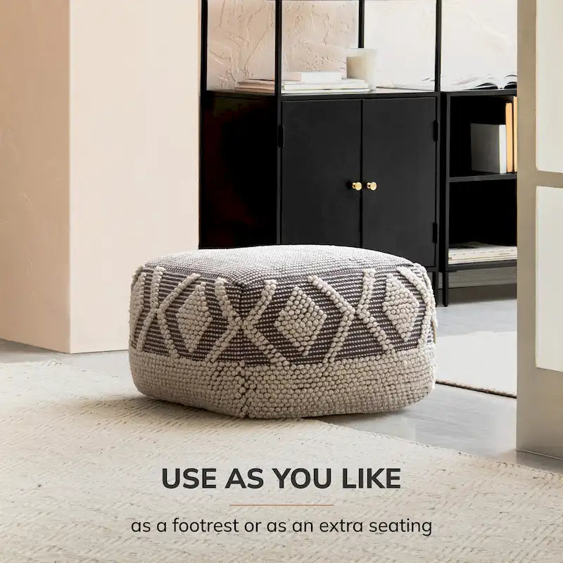22 x 22 x 16 Gray & Ivory Square Pouf Ottoman - Handmade Footrest for Living Room, Bedroom, Nursery, Kidsroom
