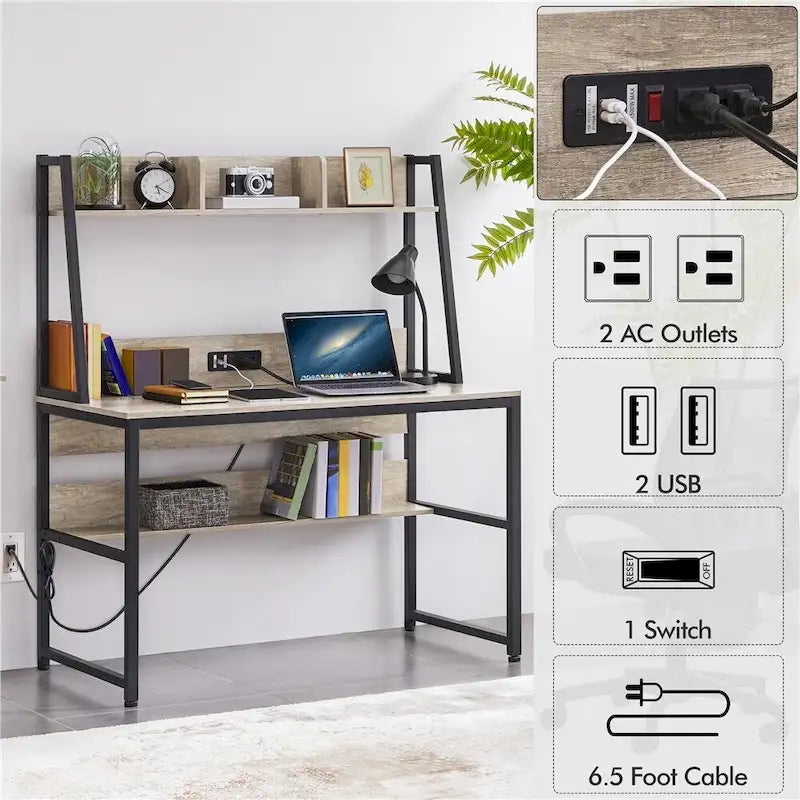 47.5-inch Home Office Computer Desk with Power Outlet and Elevated Bookshelf