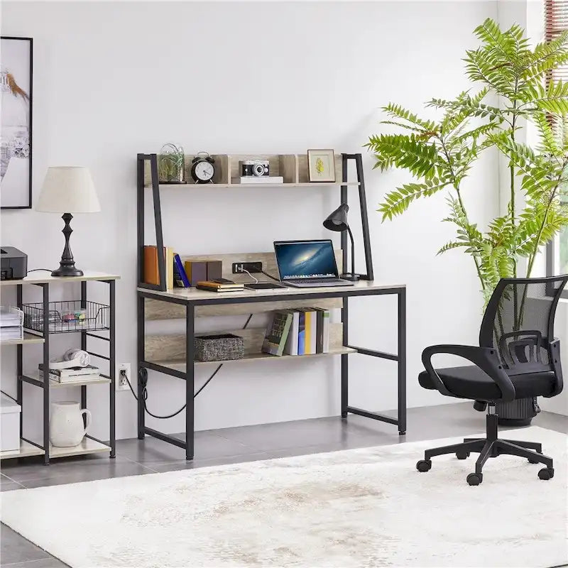 47.5-inch Home Office Computer Desk with Power Outlet and Elevated Bookshelf