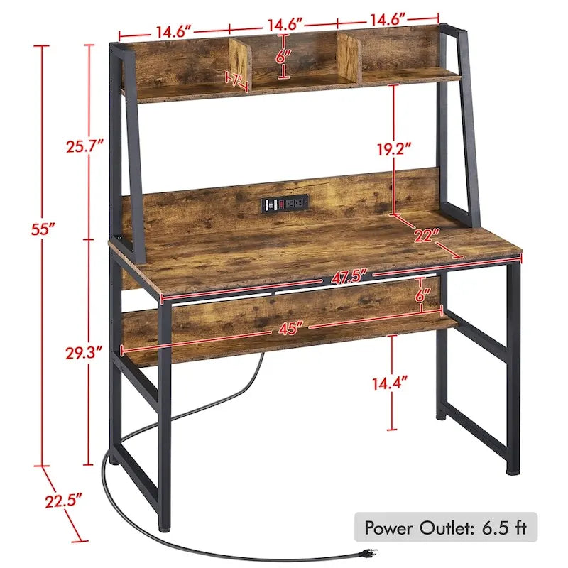 47.5-inch Home Office Computer Desk with Power Outlet and Elevated Bookshelf